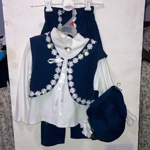 Girls 4-Piece Retro 60’s Navy Blue& White OUTFIT: Mock Turtleneck+Vest+Hat+Pants
